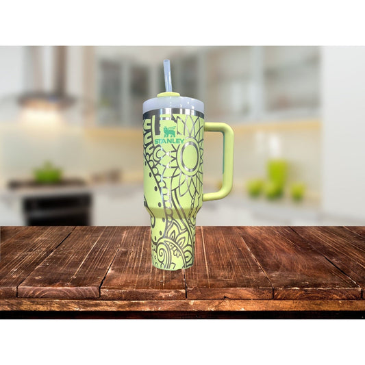 Mandala Inspired Laser Engraved 40 oz Insulated Tumbler with Handle Lid and Straw, Double Wall Insulated Cup