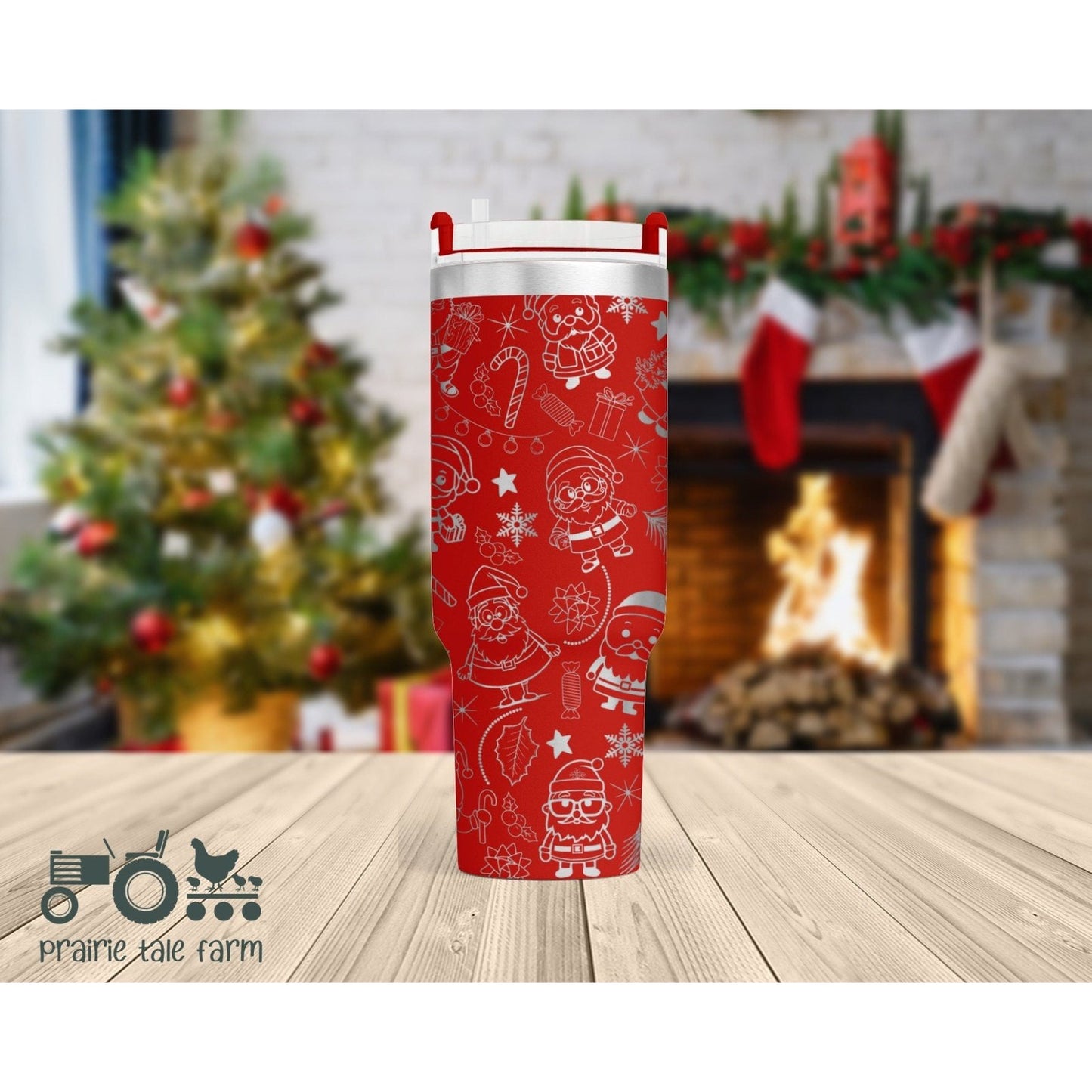 Santa Doodles Ornaments Laser Engraved 40 oz Insulated Tumbler with Handle Lid and Straw, Double Wall Insulated Cup