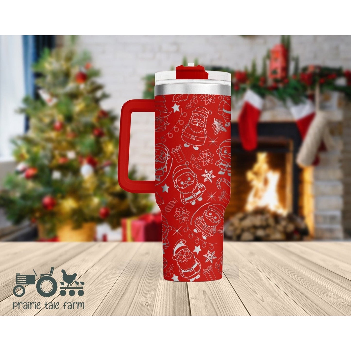 Santa Doodles Ornaments Laser Engraved 40 oz Insulated Tumbler with Handle Lid and Straw, Double Wall Insulated Cup