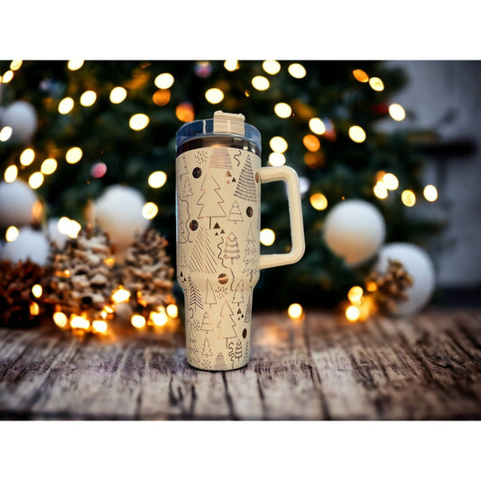 Christmas Trees Laser Engraved 40 oz Insulated Tumbler with Handle Lid and Straw. Double Wall Insulated Cup