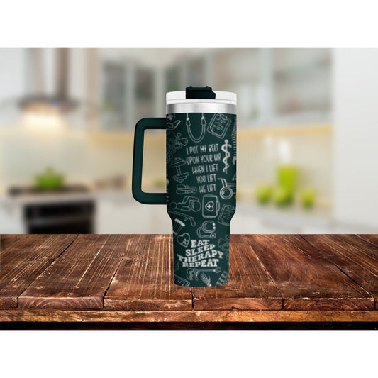 Physical Therapy, Laser Engraved 40 oz Insulated Tumbler with Handle Lid and Straw, Double Wall Insulated Cup