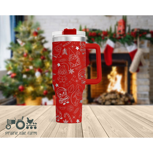 Santa Doodles Ornaments Laser Engraved 40 oz Insulated Tumbler with Handle Lid and Straw, Double Wall Insulated Cup