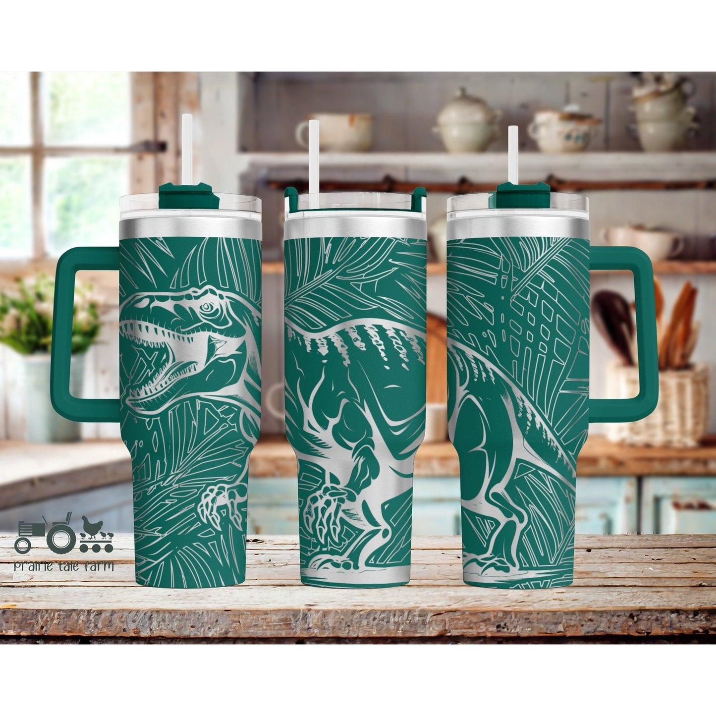 T-Rex Seamless Full Wrap Laser Engraved 40 oz Insulated Tumbler with Handle Lid and Straw, Double Wall Insulated Cup