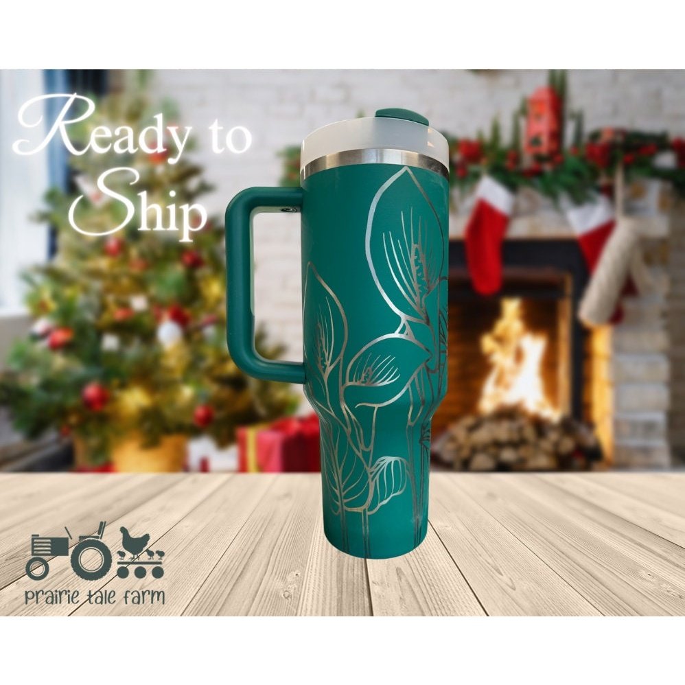 Calla Lillies Tumbler, READY TO SHIP, 40 oz Alpine Green  Tumbler with Handle, Lid, Straw, Laser Engraved Tumbler.