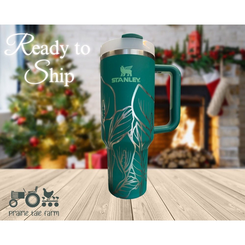 Calla Lillies Tumbler, READY TO SHIP, 40 oz Alpine Green  Tumbler with Handle, Lid, Straw, Laser Engraved Tumbler.