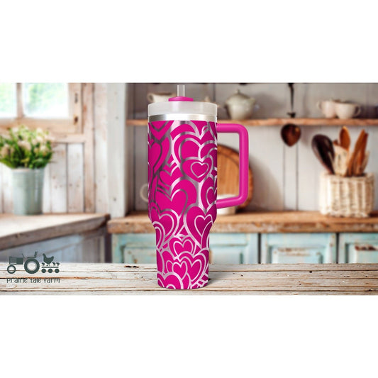 Heart - Valentines Day Laser Engraved 40 oz Insulated Tumbler with Handle Lid and Straw. Double Wall Insulated Cup