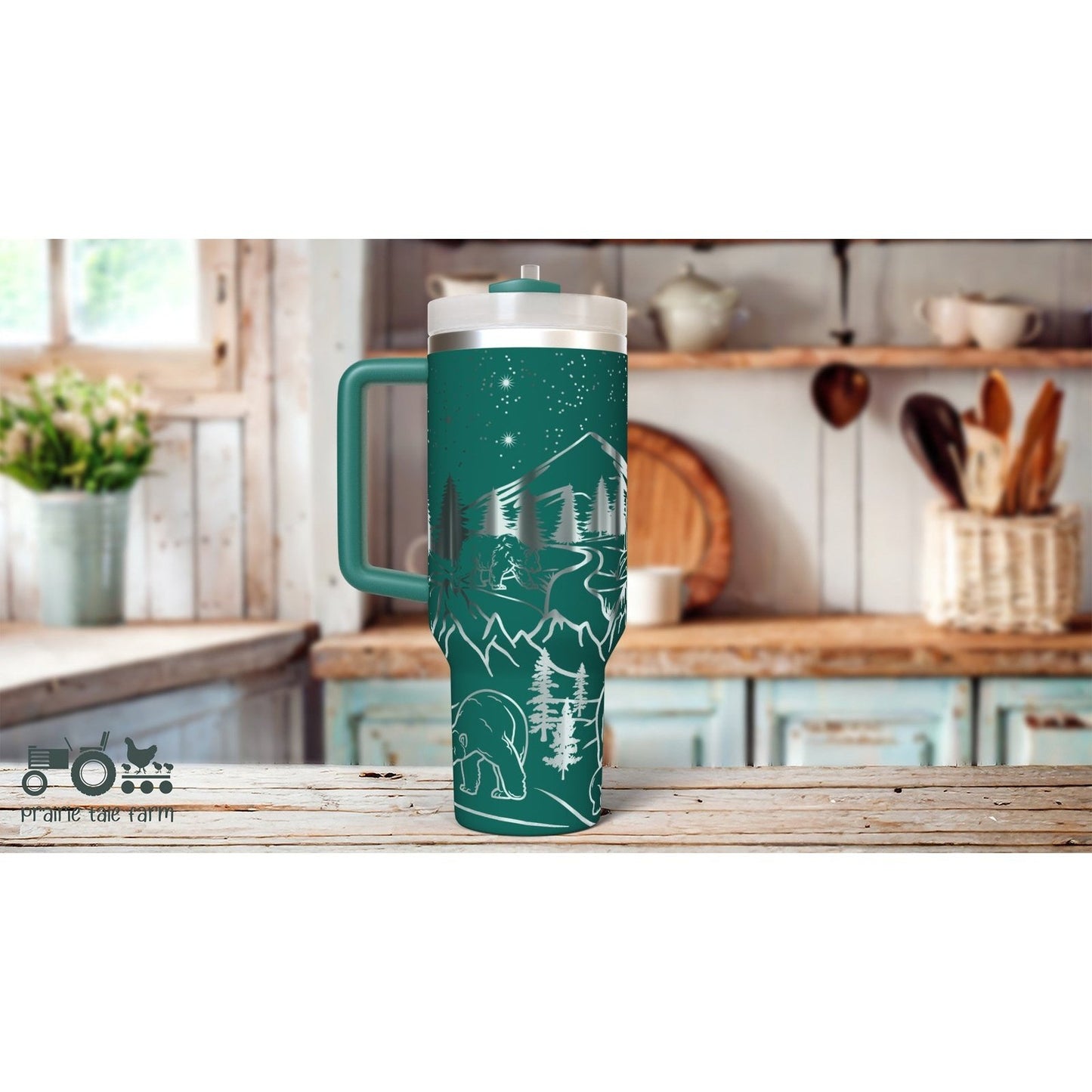 Bears & Mountains Laser Engraved 40 oz Insulated Tumbler with Handle Lid and Straw. Double Wall Insulated Cup