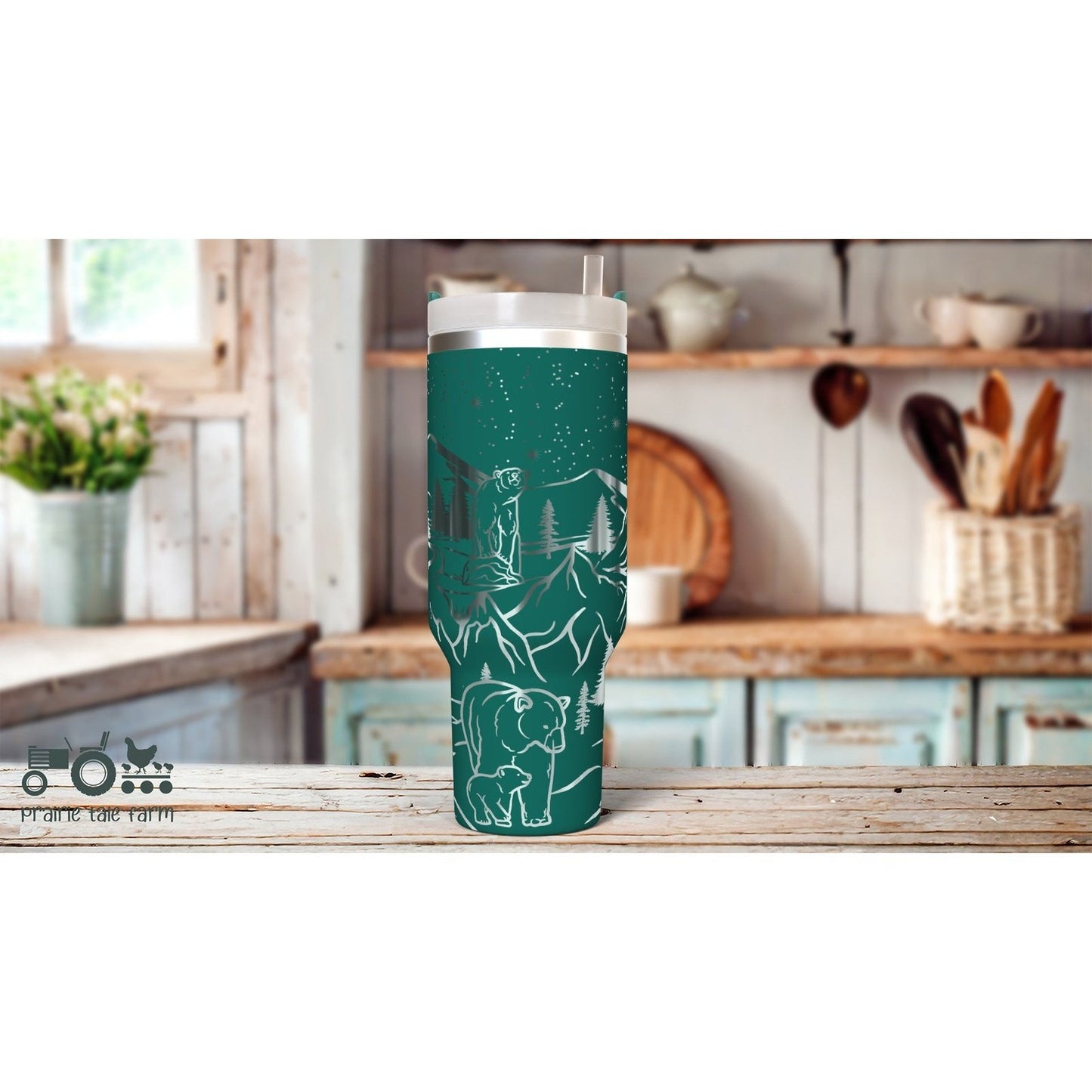 Bears & Mountains Laser Engraved 40 oz Insulated Tumbler with Handle Lid and Straw. Double Wall Insulated Cup