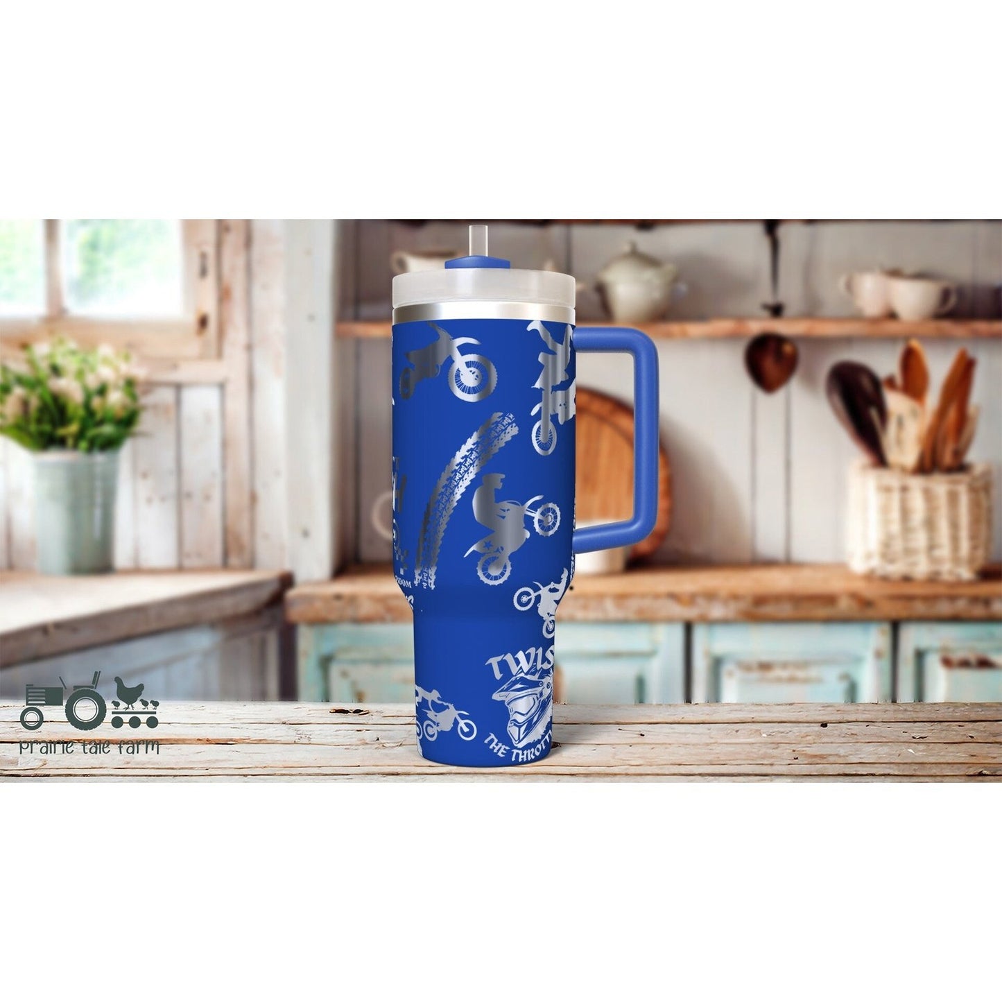 Motocross Laser Engraved 40 oz Insulated Tumbler with Handle Lid and Straw. Double Wall Insulated Cup