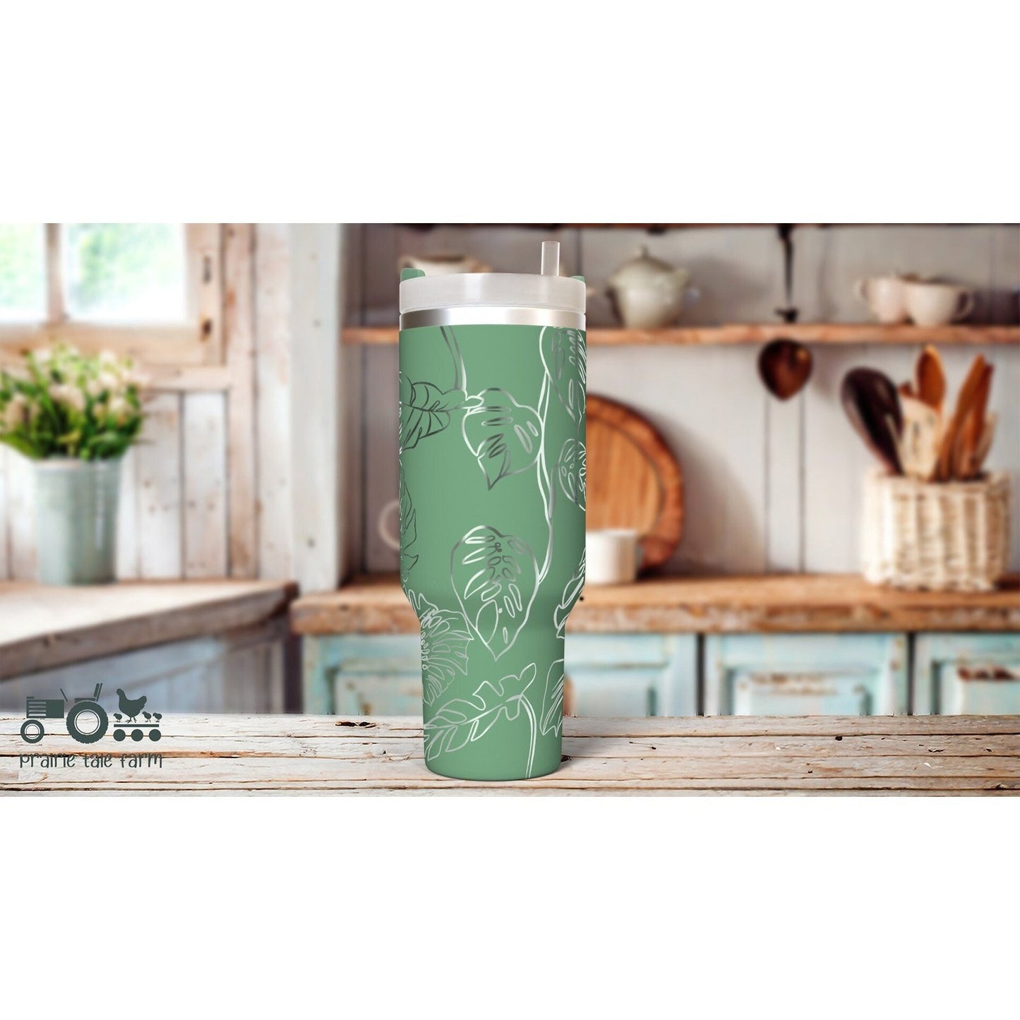 Monstera 40 oz Tumbler with Handle, Lid, Straw, Laser Engraved Tumbler,  Double Wall Insulated Cup