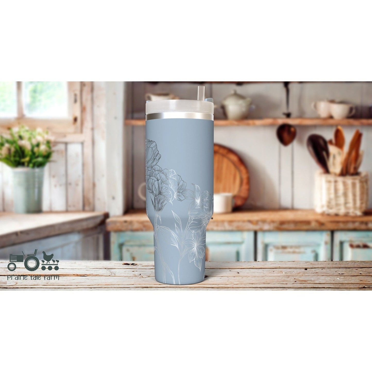 Wildflowers Laser Engraved 40 oz Insulated Tumbler with Handle Lid and Straw. Double Wall Insulated Cup