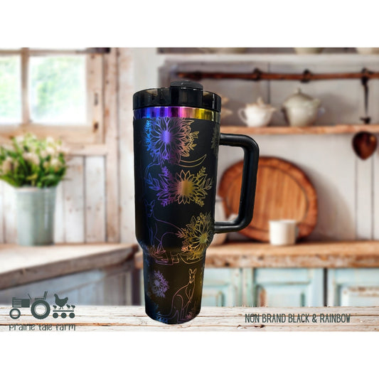 Kangaroos & Sunflowers Laser Engraved 40 oz Insulated Tumbler with Handle Lid and Straw. Double Wall Insulated Cup