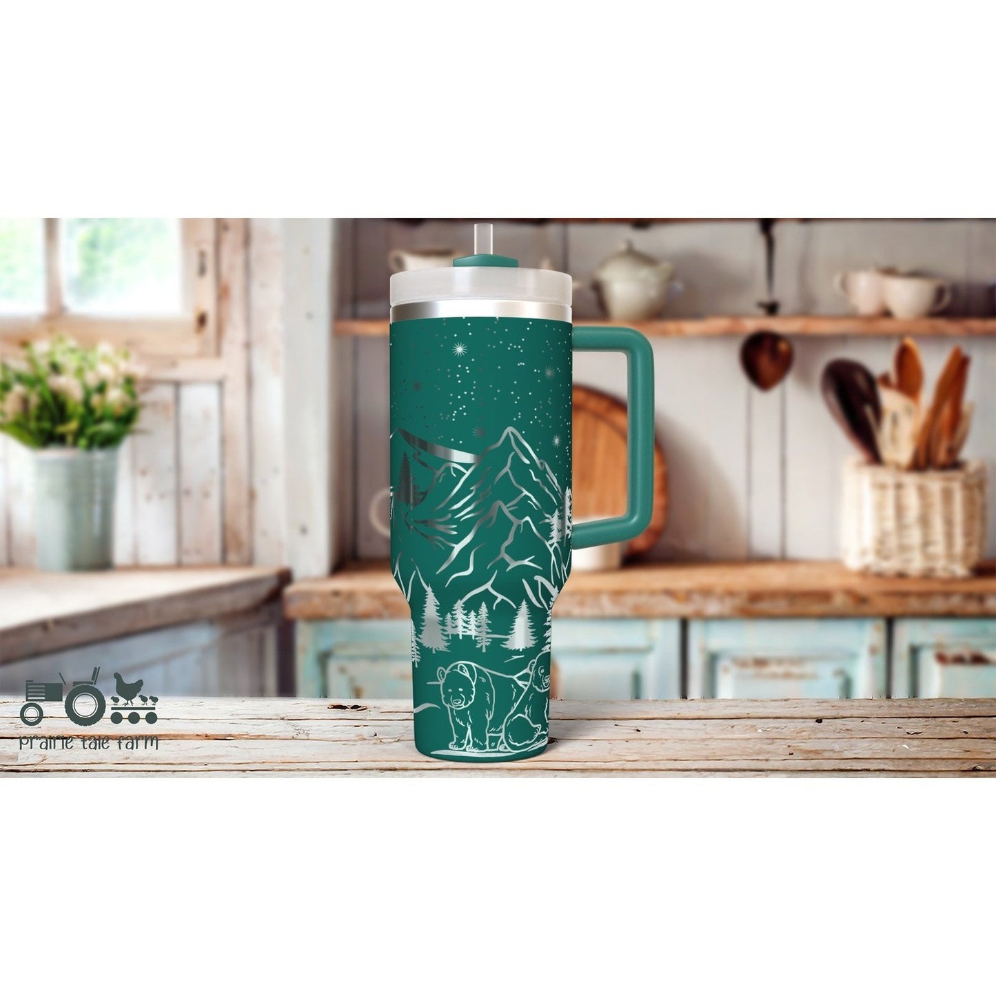 Bears & Mountains Laser Engraved 40 oz Insulated Tumbler with Handle Lid and Straw. Double Wall Insulated Cup