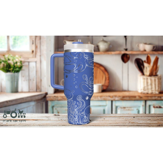 Octopus Laser Engraved 40 oz Insulated Tumbler with Handle Lid and Straw. Double Wall Insulated Cup!