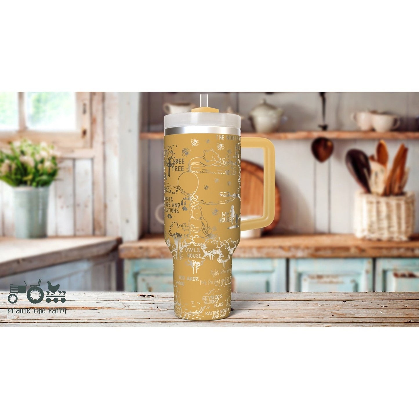 100 Acre Wood, Original Winnie the Pooh style Laser Engraved 40 oz Insulated Tumbler with Handle Lid and Straw. Double Wall Insulated Cup