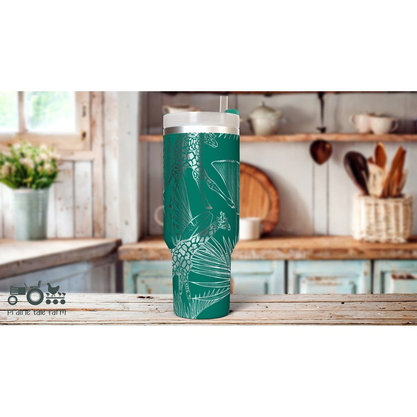 Giraffes Laser Engraved 40 oz Insulated Tumbler with Handle Lid and Straw. Double Wall Insulated Cup