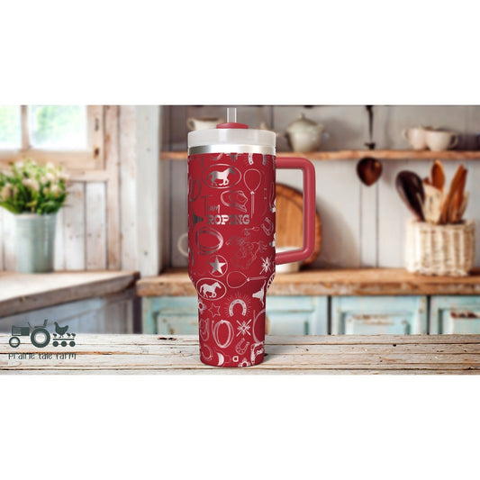 Team Roping, Rodeo, Horses, Western Laser Engraved 40 oz Tumbler with Handle Lid and Straw. Double Wall Insulated Cup
