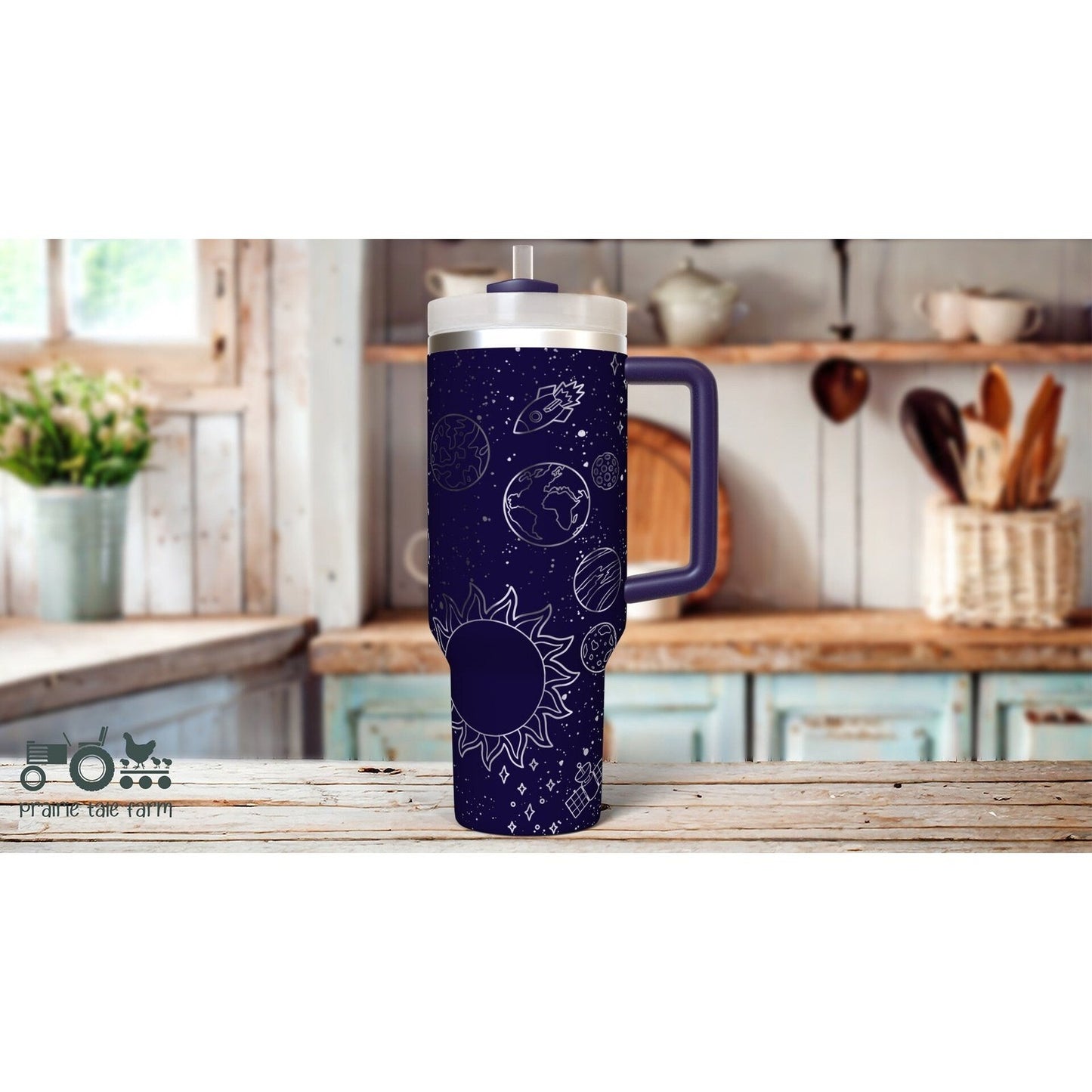 Solar System, Outer Space, Planets Laser Engraved 40 oz Insulated Tumbler with Handle Lid and Straw. Double Wall Insulated Cup!