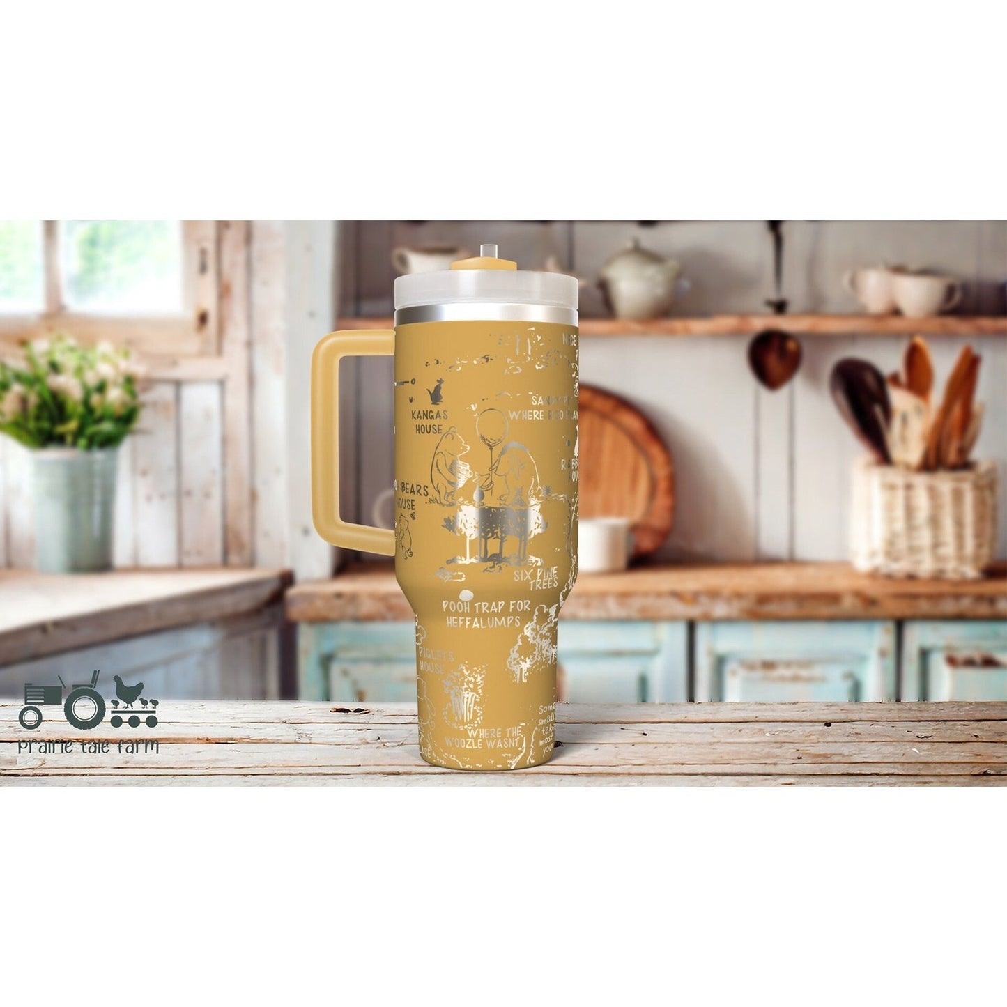 100 Acre Wood, Original Winnie the Pooh style Laser Engraved 40 oz Insulated Tumbler with Handle Lid and Straw. Double Wall Insulated Cup