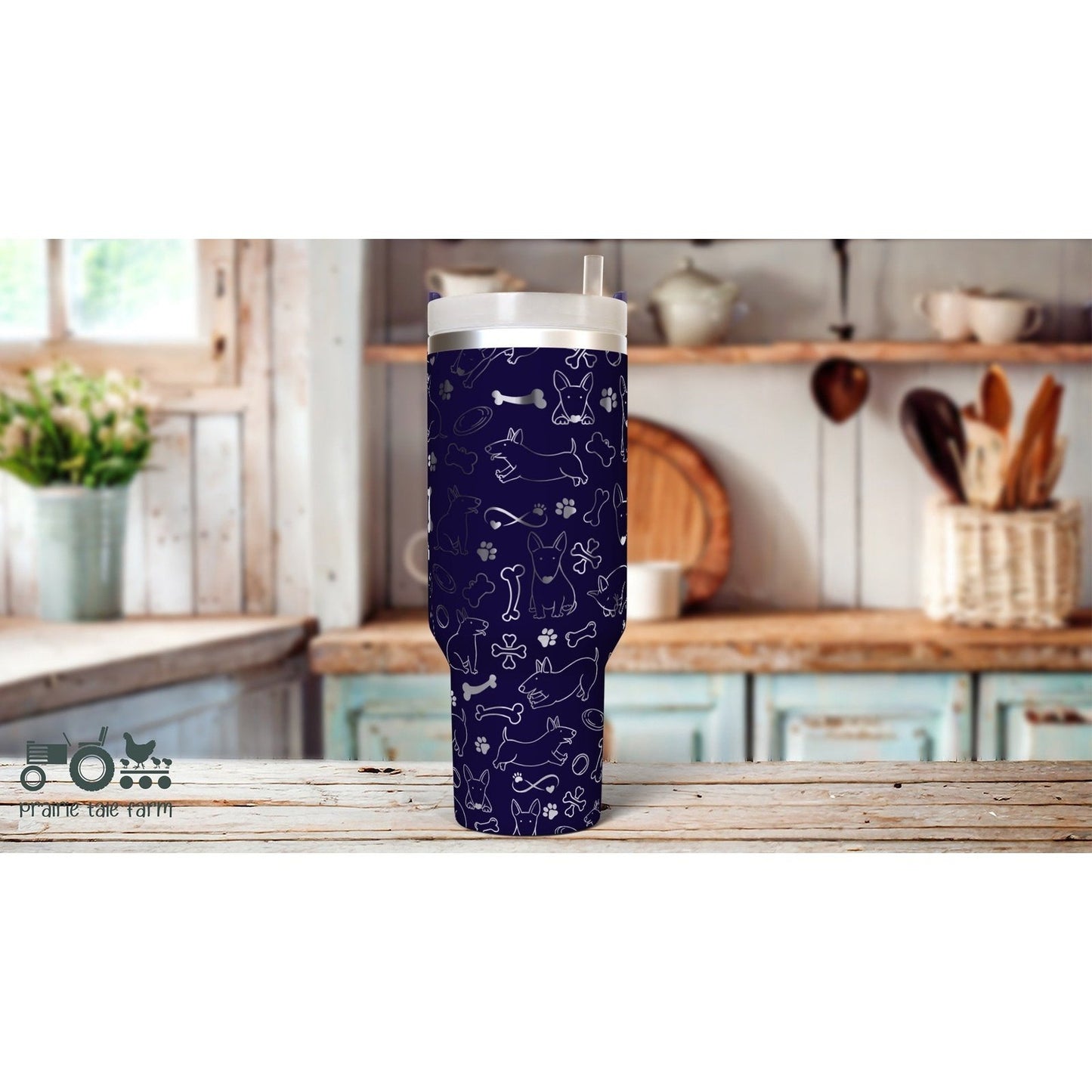 Bull Terrier Dog Doodles Laser Engraved 40 oz Insulated Tumbler with Handle Lid and Straw, Double Wall Insulated Cup