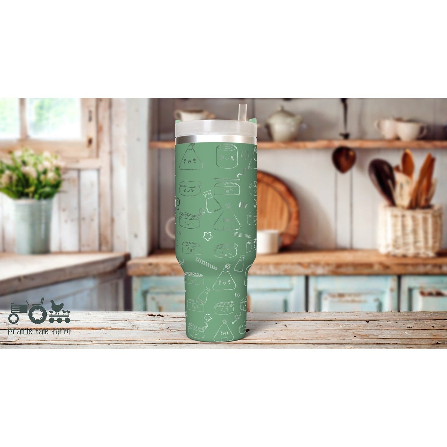 Sushi, Kawaii Sushi, Japanese Sushi Laser Engraved 40 oz Insulated Tumbler with Handle Lid and Straw. Double Wall Insulated Cup